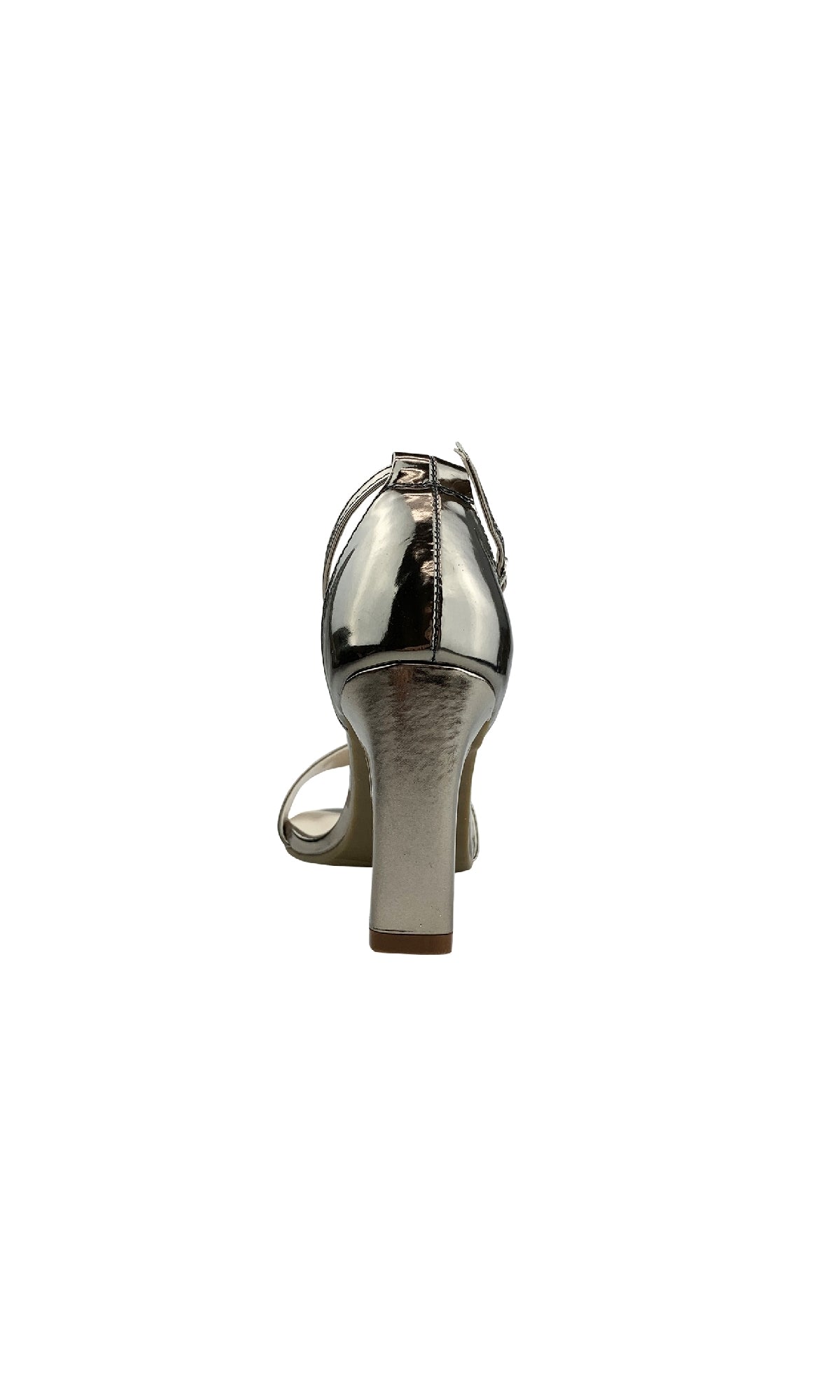 Rear view of the Maddox Pewter Open-Toe Prom Shoes (Dyeables 58417), featuring a metallic finish, ankle strap, and chic block heel, shown on a plain white background.